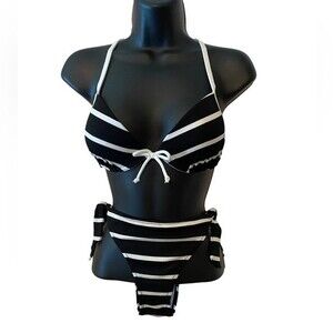 NWT Enfasis black & white stripe string bikini, lined, underwire bra. Si…